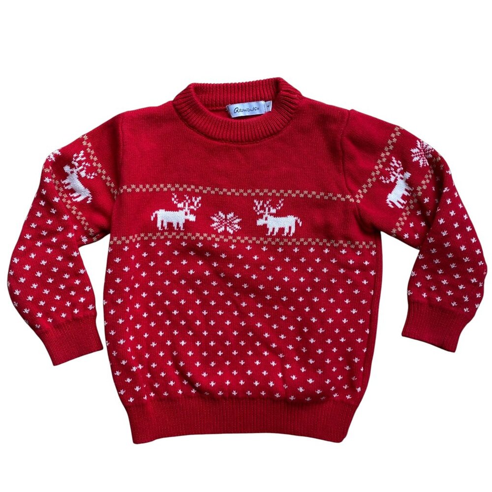 Grandwish Jacquard Knit Moose Sweater Kid Sz 4 Red Holiday Christmas Festive
